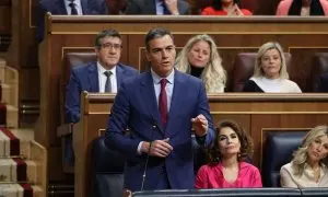El presidente del Gobierno, Pedro Sánchez, interviene durante una sesión de control al Gobierno, en el Congreso de los Diputados, a 24 de abril de 2024