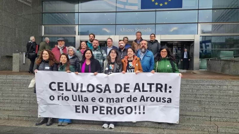 Representantes de los afectados por Altri, frente al Parlamento Europeo con la eurodiputada del BNG Ana Miranda.