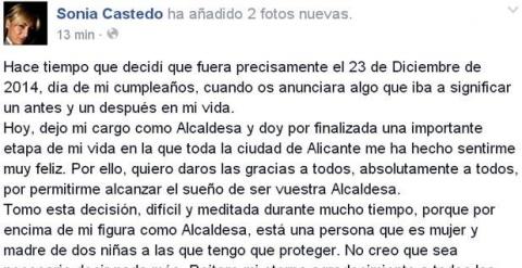 Muro de Facebook de Sonia Castedo, alcaldesa de Alicante, en el que ha anunciado su dimisión
