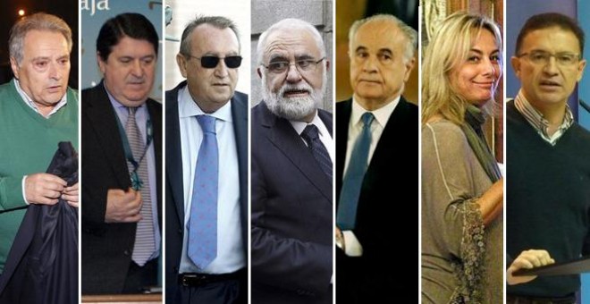 De izquierda a derecha, dirigentes del PP valenciano implicados en diferentes casos de corrupción: Alfonso Rus, José Luis Olivas, Carlos Fabra, Juan Cotino, Rafael Blasco, Sonia Castedo, y Serafín Castellano. EFE