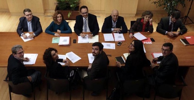 Los equipos negociadores del PSOE e IU-Unidad Popular durante su primera reunión. - EFE