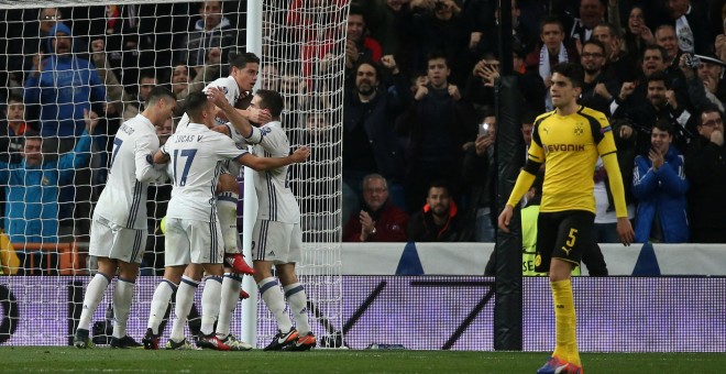 Los jugadores del Real Madrid celebrando un gol el pasado miércoles ante el Borussia Dortmund en la Champions. /REUTERS