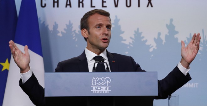 El presidente francés, Emmanuel Macron, realiza una conferencia de prensa al final de la cumbre del G7 en Charlevoix, Canadá. EFE / EPA / IAN LANGSDON