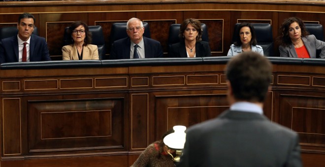 El presidente del PP, Pablo Casado (de espaldas), durante su su pregunta al presidente del Gobierno, Pedro Sánchez, en la sesión de control del Congreso de los Diputados. EFE/Ballesteros