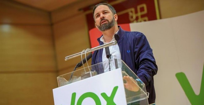 El presidente nacional de Vox, Santiago Abascal, participa en el acto preelectoral celebrado hoy en Ciudad Real. EFE/ Mariano Cieza