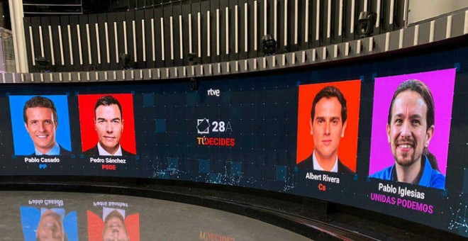Sánchez, Casado, Rivera e Iglesias se verán las caras por primera vez en la campaña en la televisión pública.