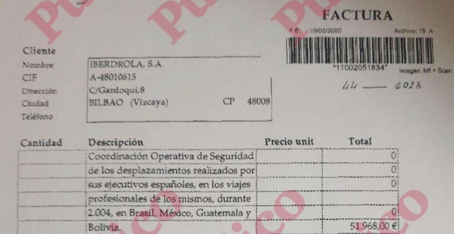 Factura de principios de 2005 de Cenyt a Iberdrola por supuestos servicios de seguridad en Brasil, México, Guatemala y Bolivia en 2004.