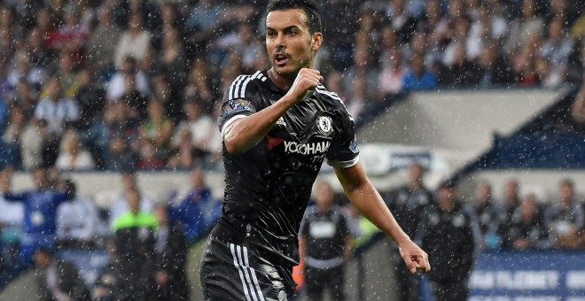 El canario Pedro Rodríguez celebra su primer gol con el Chelsea, en su debut en Londres con el equipo de Jose Mourinho. EFE/EPA/WILL OLIVER