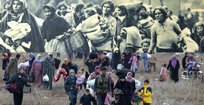 Arriba, Frontera de El Portús, en el Semanario 'Le Patriote Illustré' (5 de febrero de 1939). Fons Xavier Andreu / MUME (La Jonquera). Abajo, refugiados kurdos sirios cruzando la frontera./ AFP