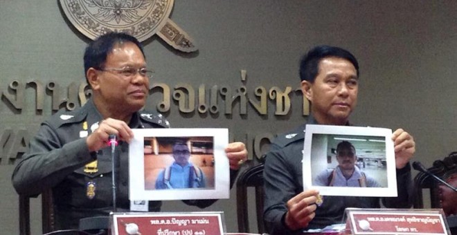 Investigadores muestran fotos de un ciudadano español, identificado por varios medios tailandeses como Artur Segarra, uno de los principales sospechosos junto a un italiano del asesinato del ejecutivo español David Bernat.- EFE