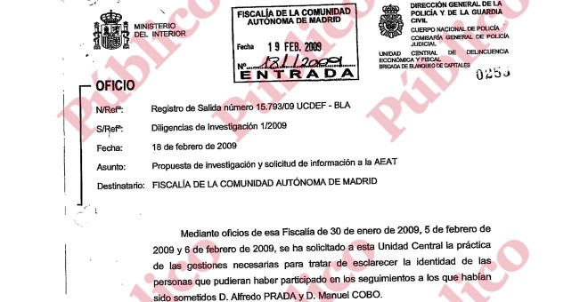 Encabezado de la propuesta de José Luis Olivera a la Fiscalía para investigar el espionaje a Prada y Cobo.