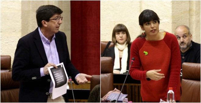 El portavoz de Ciudadanos, Juan Marín, y la de Podemos, Teresa Rodríguez, eh el Parlamento de Andalucía.