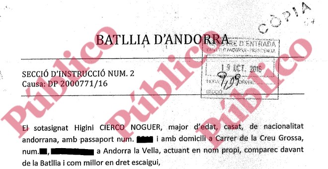 Encabezado de la querella de Higini Cierco contra Martín-Blas y Barroso, con registro de entrada el 19 de octubre de 2016.