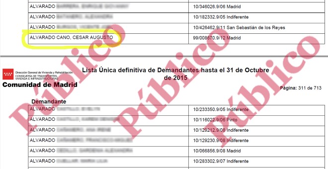 Lista de demandantes de vivienda social en Madrid, en 2015, donde aparece César Augusto Alvarado Cano.