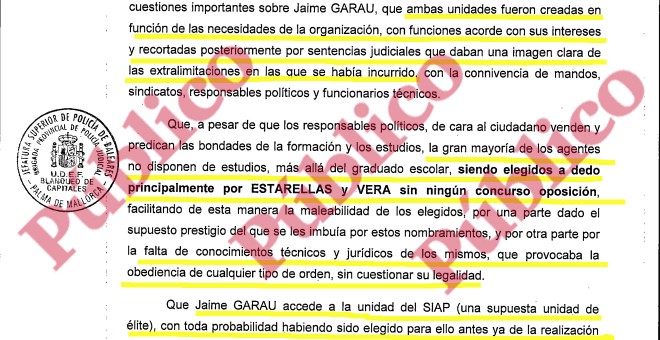 Fragmento del informe final de la Brigada Provincial de la Policía Judicial sobre el entramado de la mafia política y policial de Palma organizada por el PP de Balears.
