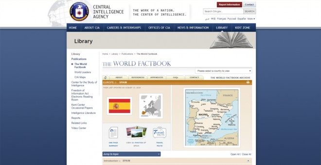Apartado del 'World Factbook' de la CIA dedicado a España.