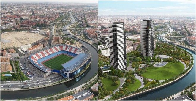 Vista del Estadio Vicente Calderón, y una simulación del proyecto Mahou-Calderón.