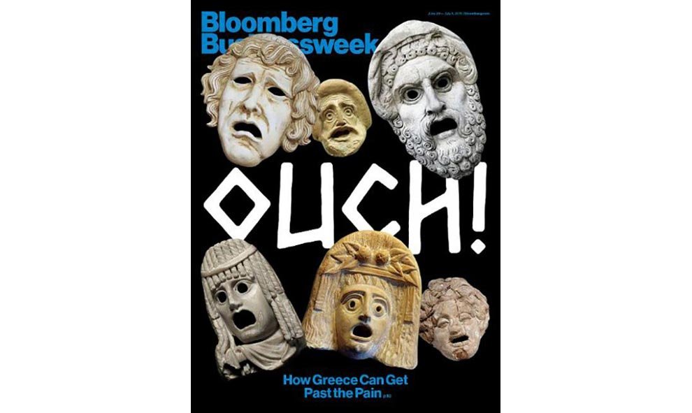 Por fin una portada que habla de Grecia sin estatuas ni templos clásicos. La revista británica Bloomberg hacía un juego de imágenes con las máscaras teatrales que se usaban en escenas dramáticas para ilustrar la "tragedia" griega.