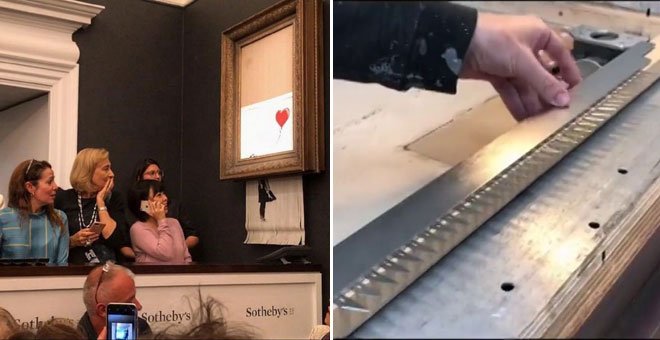 La obra de Banksy destruida tras ser subastada en Sotheby's y la trituradora de papel que introdujo el artista en el marco. / INSTAGRAM