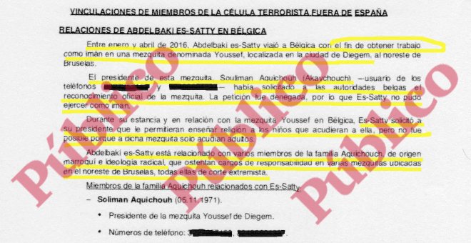 Inicio del informe reservado del CNI sobre las vinculaciones de Es Satty con el núcleo yihadista más importante de Europa, en Bélgica.