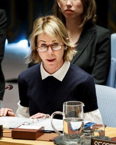 19/01/2020.- La embajadora estadounidense de la ONU, Kelly Craft, durante una reunión del Consejo de Seguridad de las Naciones Unidas sobre paz y seguridad internacional en Nueva York. EFE / EPA / JUSTIN LANE