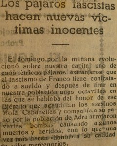 Recorte de prensa local el día del bombardeo en Almería a los refugiados. Febrero 1937