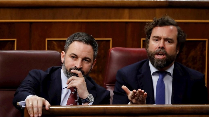 07/01/2019 . El líder del Vox, Santiago Abascal (i), e Iván Espinosa de los Monteros, este martes en el Congreso. / EFE - JUAN CARLOS  HIDALGO