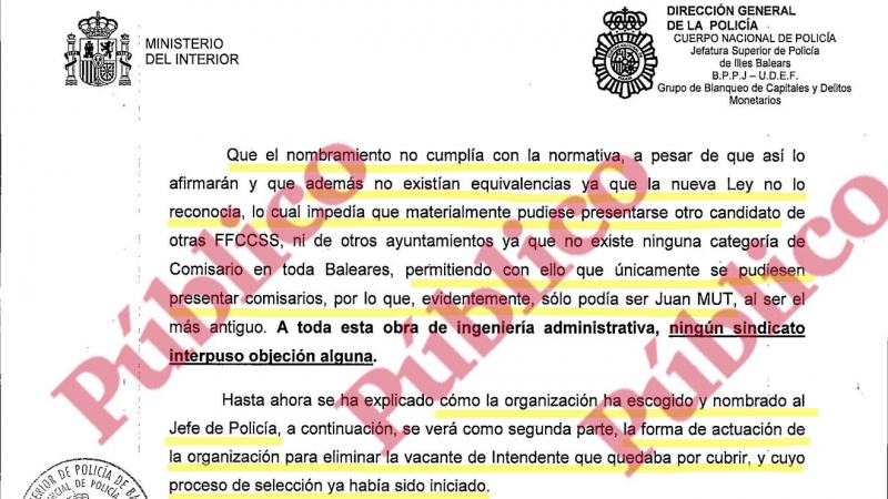 Fragmento del análisis policial enviado al Juzgado de Instrucción Nº12 de Palma en el que se constata que fue irregular el nombramiento de Joan Mut como jefe de la Policía Local.
