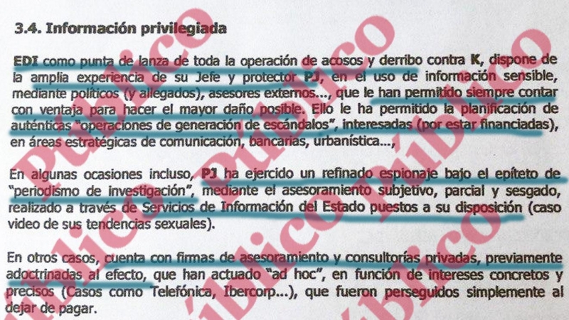 Fragmento del informe de Villarejo para Cursach en el que se detalla la práctica de 'operaciones de generación de escándalos' y de 'refinado espionaje bajo el epíteto de periodismo de investigación' por parte de Pedro J. Ramírez.