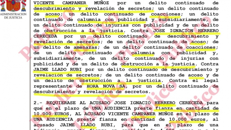 Fragmento del auto de apertura de juicio oral contra los abogados Campaner y Herrero, el ejecutivo Lladó y la editora del diario 'Última Hora', Hora Nova SA.