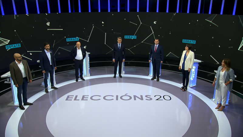 Los candidatos a la Xunta de izquierda a derecha: Ricardo Morado (VOX), Antón Gómez Reino (Galicia en Común); Pancho Casal (Marea Galeguista); Alberto Núñez Feijóo (PP), Gonzalo Caballero (PSdeG-PSOE), Ana Pontón (BNG) y Beatriz Pino (Ciudadanos).