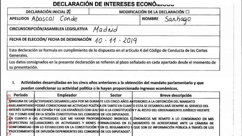 Captura de la declaración de bienes económicos de Santiago Abascal.