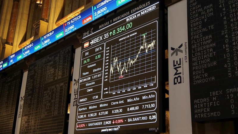 Panel informativo en el patio de la Bolsa de Madrid, con la evolución del Ibex 35 y de los valores que lo componen. EFE/ Esther Egea