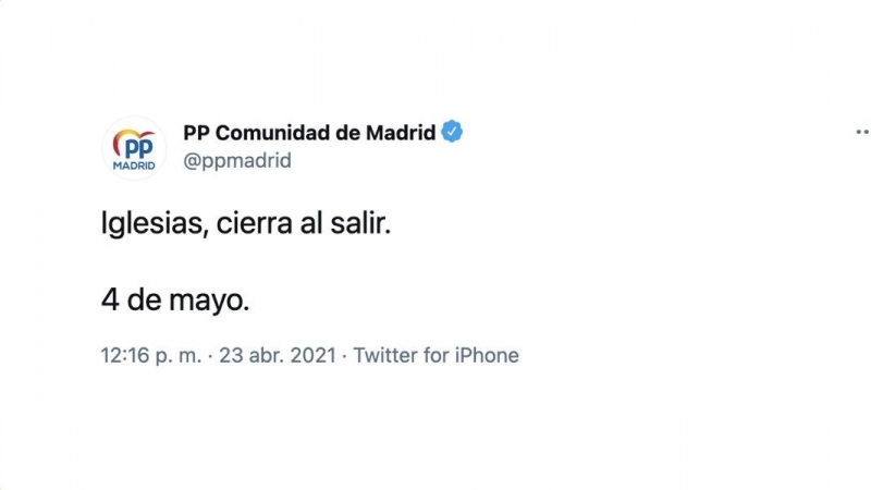 Captura de pantalla del tuit del PP de Madrid.