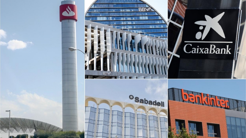 Los logos de los cinco grandes bancos (Santander, BBVA, Caixabank, Sabadell, Bankinter), en sus respectivas sedes.