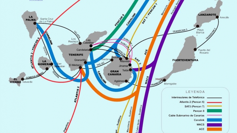 Mapa de los cables submarinos en las Islas Canarias.