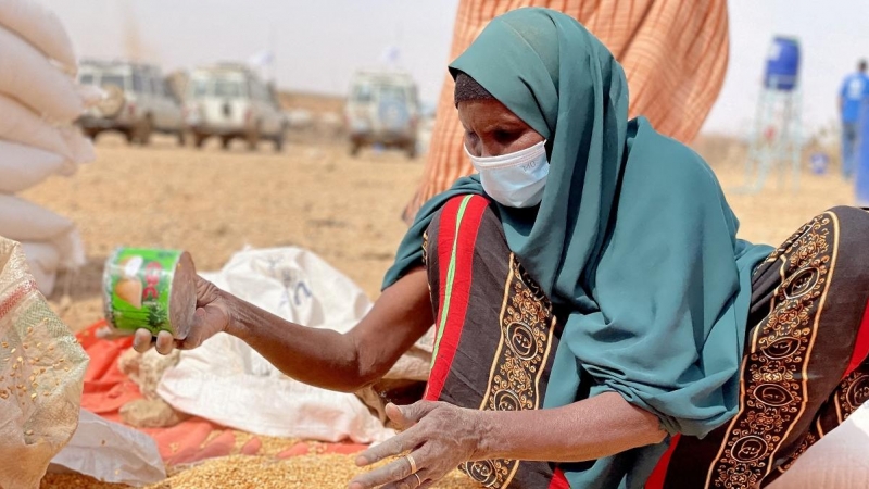 Una mujer recolecta granos en un campamento para personas desplazadas en Adadle en la región somalí de Etiopía.