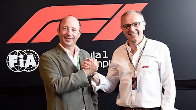 Juan Manuel Cendoya, director de Comunicación, Marketing Corporativo y Estudios de Grupo Santander, y Brandon Snow, director comercial de la Fórmula 1.