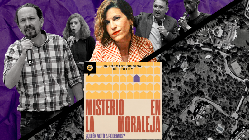 Montaje de Eva Lamarca, periodista del podcast 'Misterio en la Moraleja', junto a los políticos de Unidas Podemos en las elecciones del 2021 y una imagen del barrio de La Moraleja