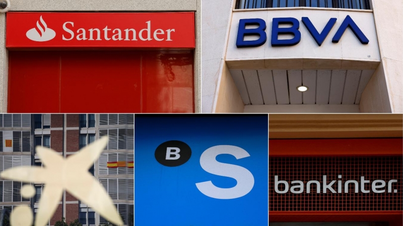 Los logos de los cinco grandes bancos españoles (Banco Santander, BBVA, Caixabank, Banco Sabadell, y Bankinter) en sus respectivas sucursales.