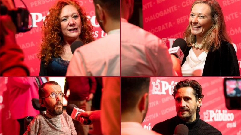 De izquierda a derecha y de arriba a abajo: Cristina Fallarás, Victoria Rosell, Pablo Echenique y Juan Diego Botto responden al micrófono de PúblicoTV.