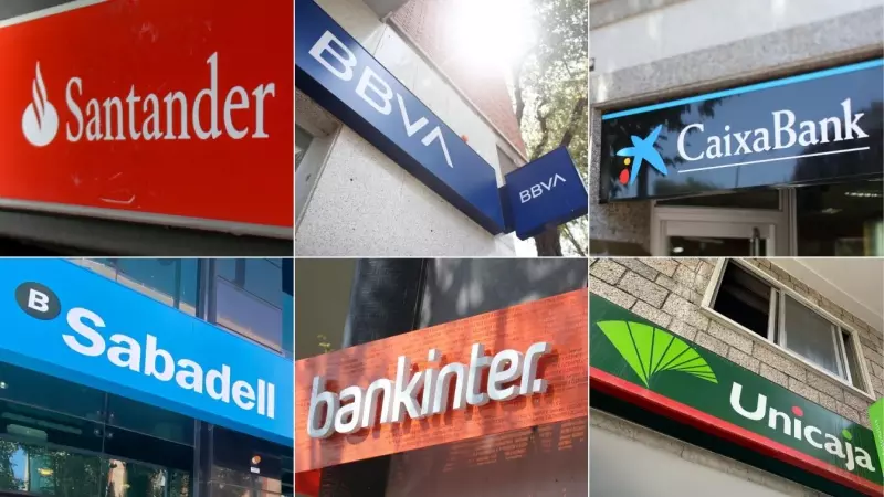 Los logos de los seis bancos del Ibex 35 (Santander, BBVA, Caixabank, Sabadell, Bankinter y Unicaja), en sus respectivas oficinas.