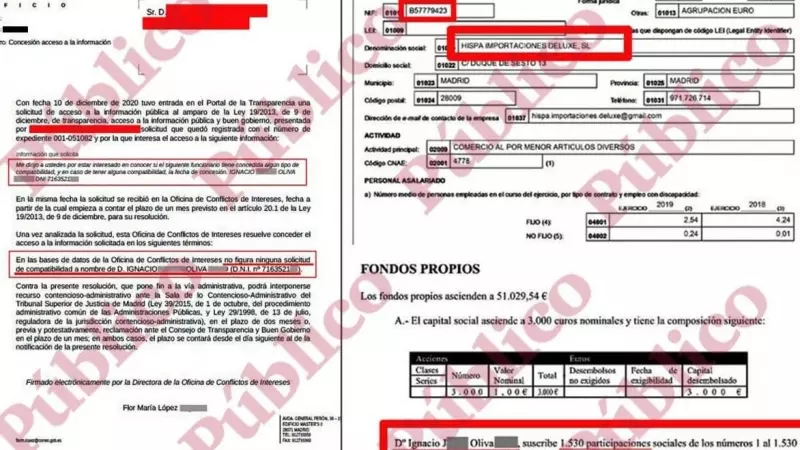 Documentos que demuestran que el subinspector Ignacio Oliva es propietario de la empresa Hispa Importaciones Deluxe, SL, pero no tiene compatibilidad para ejercer segunda actividad.