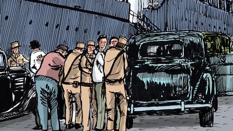 La il·lustració que representa Guillem Mas detingut i a punt de pujar a un vaixell.