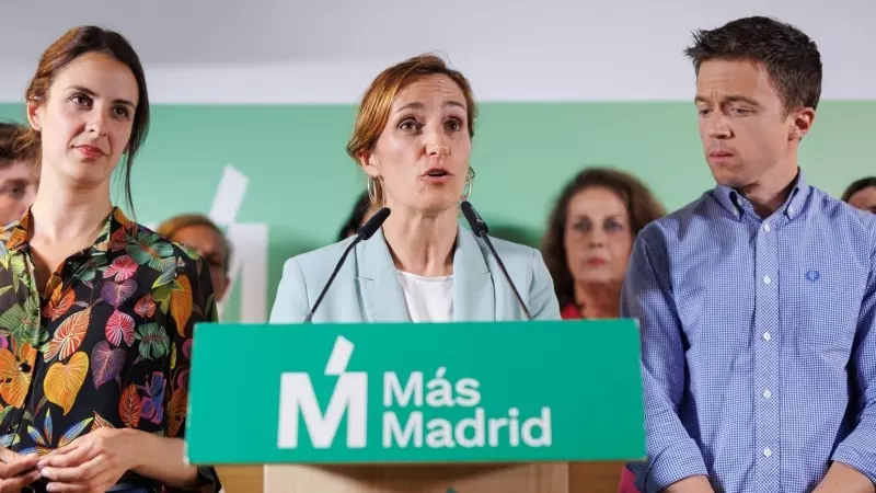 La candidata a la Alcaldía de Madrid, Rita Maestre; la candidata a la Presidencia de la Comunidad de Madrid, Mónica García, y el líder de Más País, Iñigo Errejón.