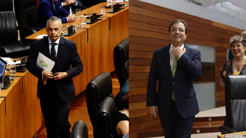 Ángel Pelayo Gordillo y Guillermo Fernández Vara, a 14 de julio de 2023 en la Asamblea de Extremadura