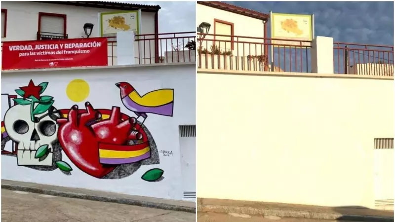 El antes y después del mural de Manuel Sierra tapado