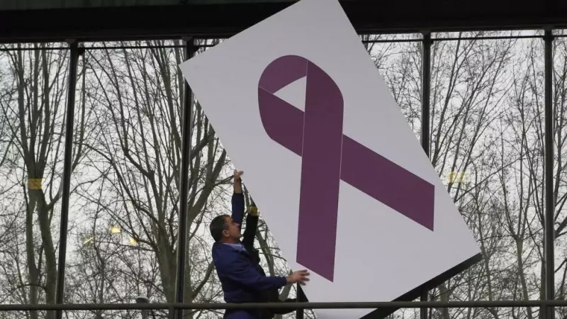 Imagen de archivo de la colocación de un lazo violeta en un edifico, símbolo del Día contra la Violencia de Género.