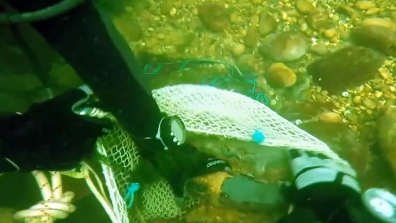 Un submarinista dels Mossos recull un artefacte explosiu submergit en un riu