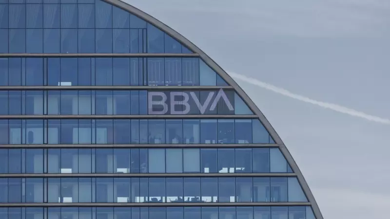 Fachada del banco del BBVA en la ciudad del BBVA, a 10 de abril de 2023, en Madrid.